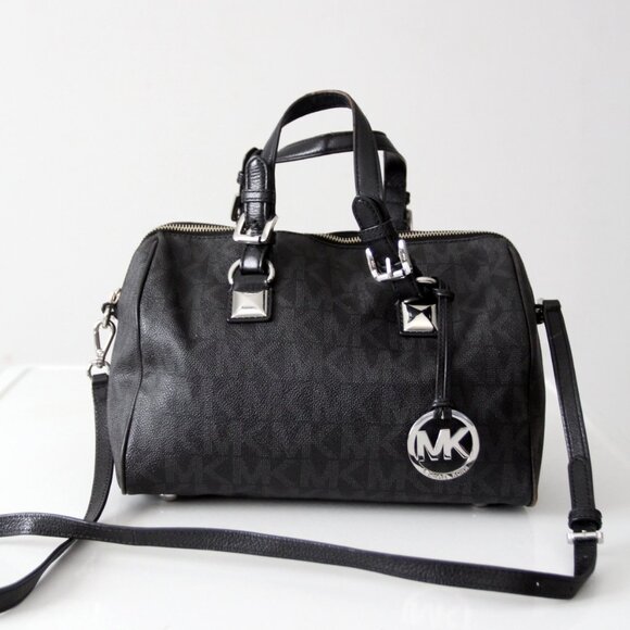 Michael Kors Grayson Medium Satchel Black Signature MK Monogram Logo Handbag - Picture 1 of 15